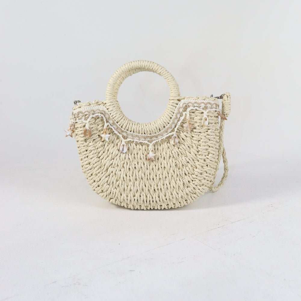 Bolsa de Mão em Crochê com Decoração de Conchas Bege