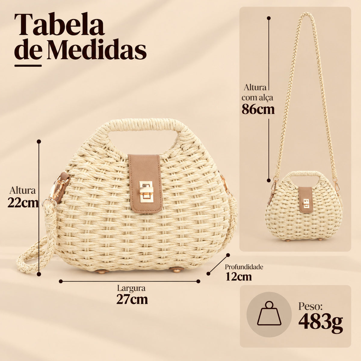Bolsa de Mão Estruturada em Ráfia com Alça Tiracolo Bege