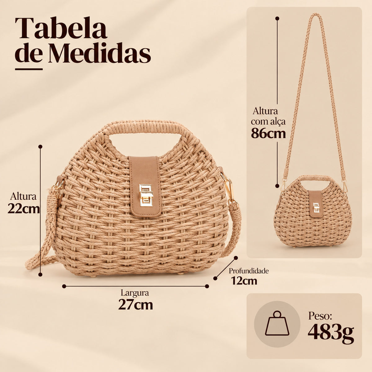 Bolsa de Mão Estruturada em Ráfia com Alça Tiracolo Caqui