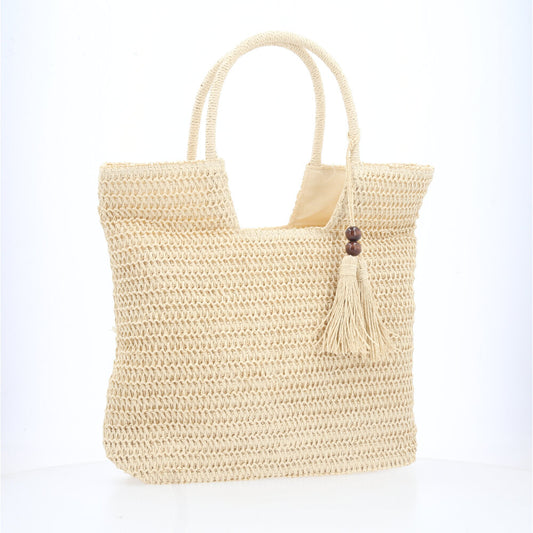 Bolsa de Praia de Palha com Alça Fixa Bege