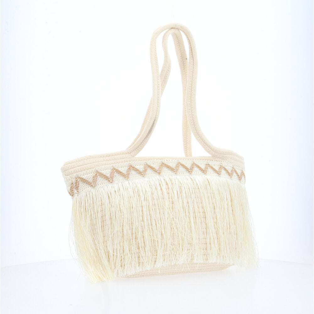 Bolsa Feminina de Praia em Palha com Franja Bege