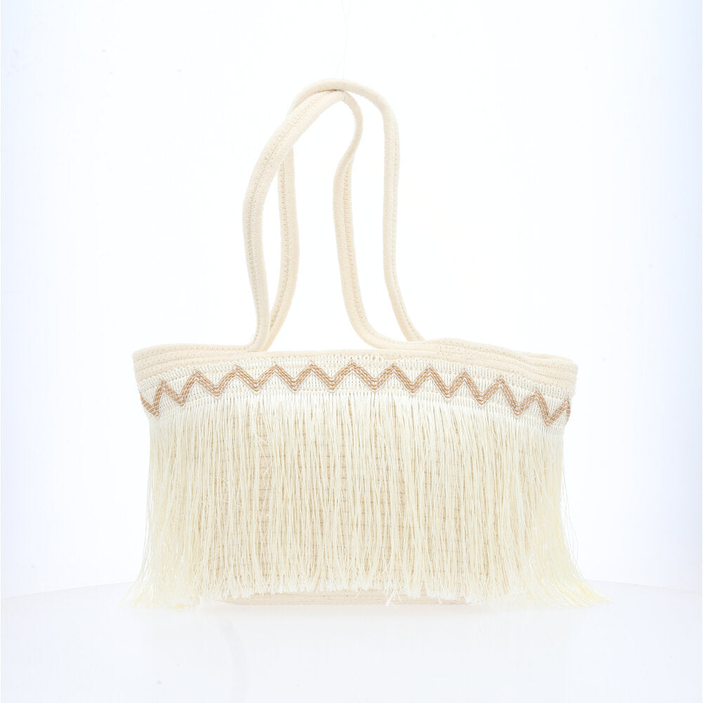 Bolsa Feminina de Praia em Palha com Franja Bege