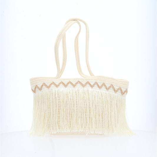 Bolsa Feminina de Praia em Palha com Franja Bege