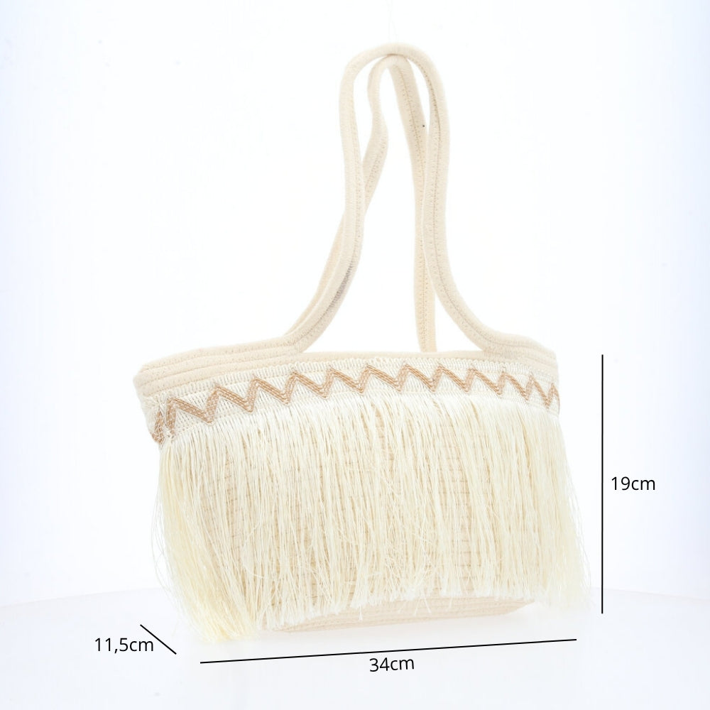 Bolsa Feminina de Praia em Palha com Franja Bege