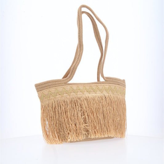 Bolsa Feminina de Praia em Palha com Franja Caramelo