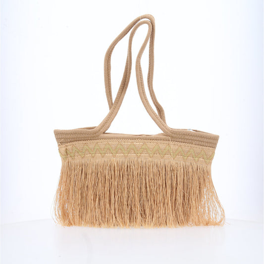 Bolsa Feminina de Praia em Palha com Franja Caramelo