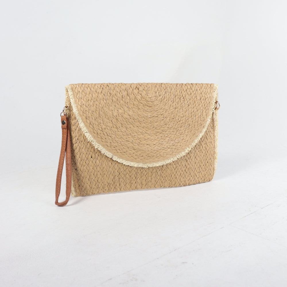 Bolsa Clutch de Palha com Alça de Pulso Caqui