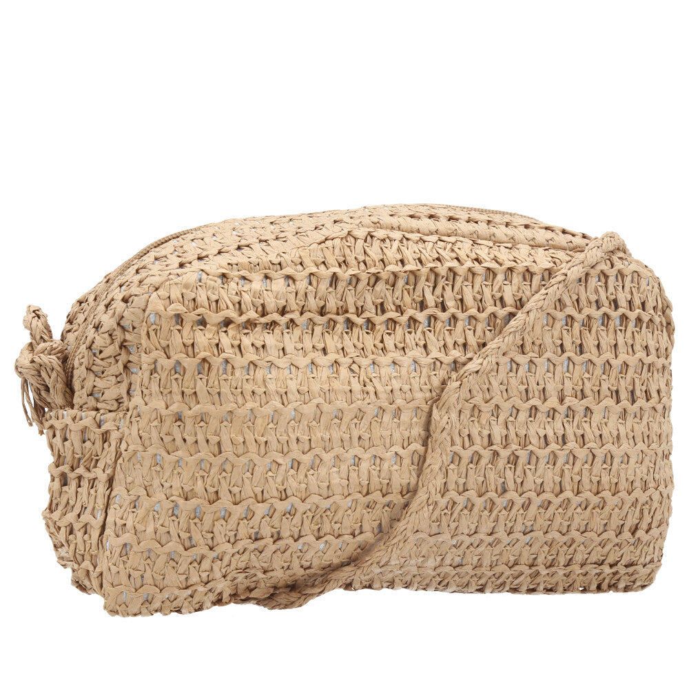Bolsa de Praia em Ráfia Trançada com Alça Transversal Caramelo