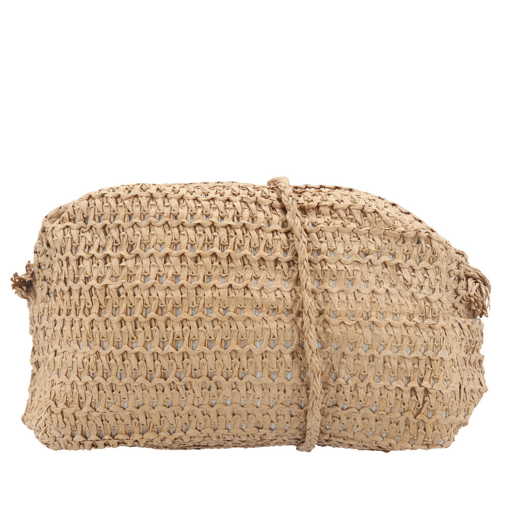 Bolsa de Praia em Ráfia Trançada com Alça Transversal Caramelo
