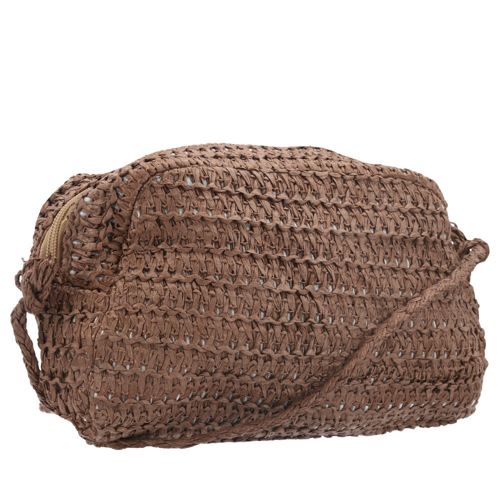Bolsa de Praia em Ráfia Trançada com Alça Transversal Marrom