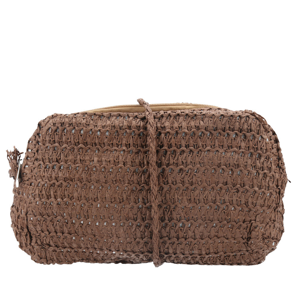 Bolsa de Praia em Ráfia Trançada com Alça Transversal Marrom
