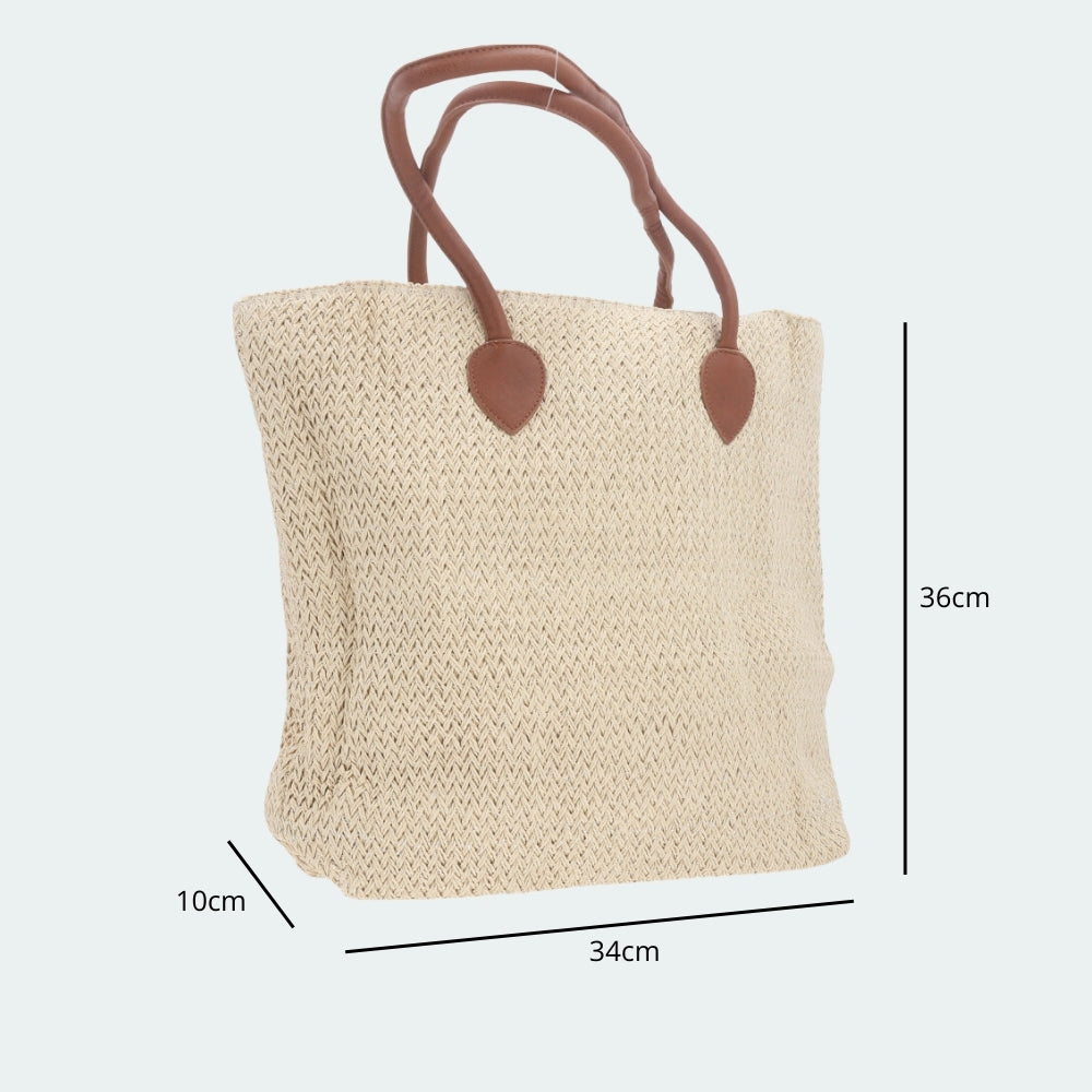Bolsa de Praia em Ráfia com Alça Fixa Bege