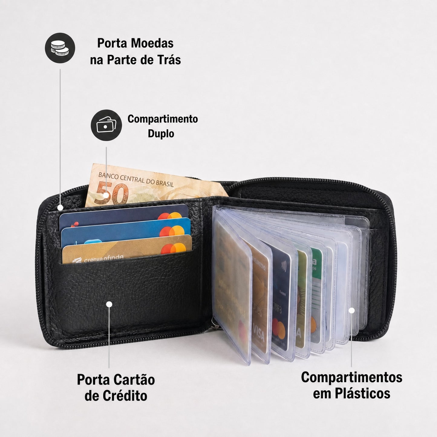 Carteira Masculina em Couro Legítimo com Fechamento em Zíper Marrom