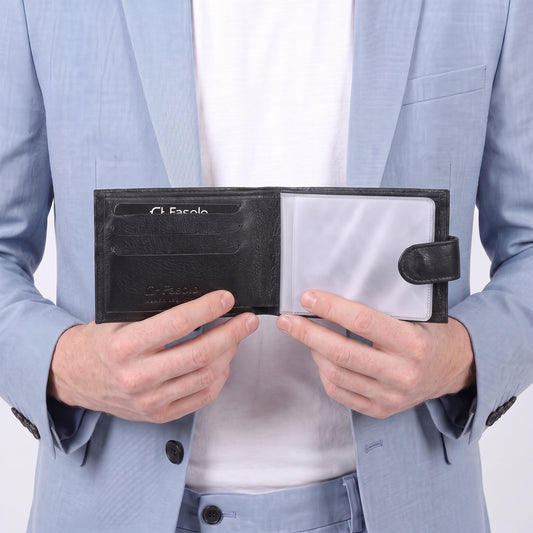 Carteira Masculina de Couro Legítimo com Fecho de Pressão Preto