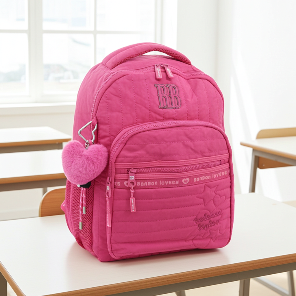 Mochila Escolar em Tecido com Divisórias e Chaveiro Rosa