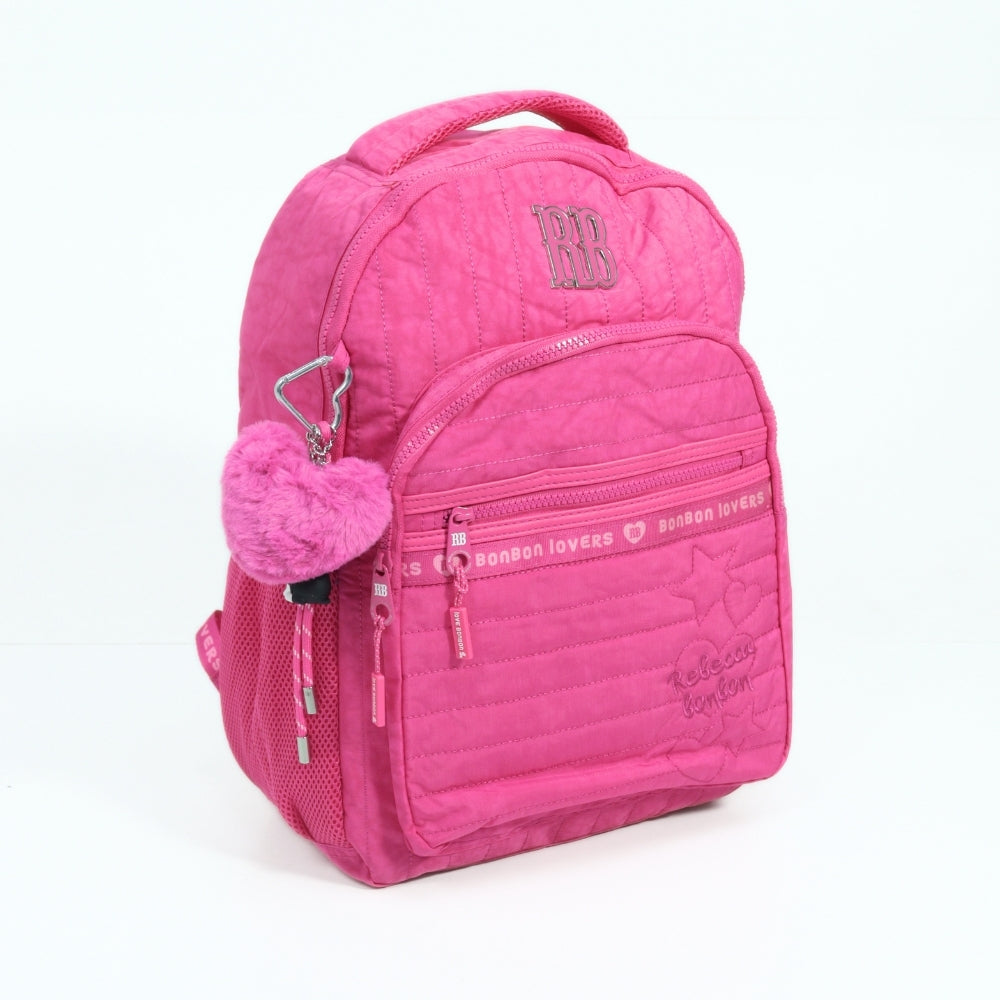 Mochila Escolar em Tecido com Divisórias e Chaveiro Rosa