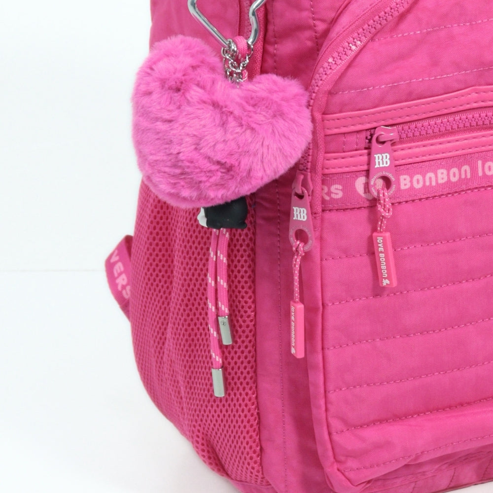 Mochila Escolar em Tecido com Divisórias e Chaveiro Rosa
