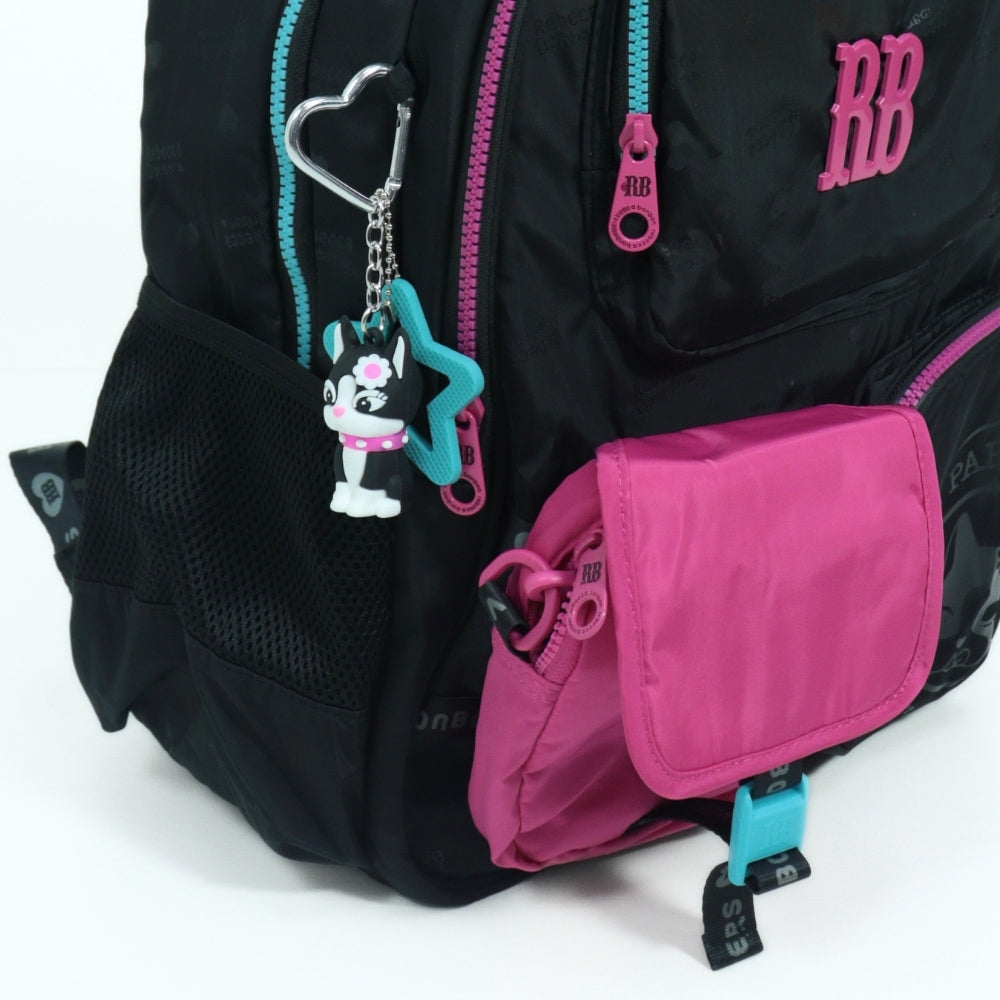 Mochila Escolar Tecido com Divisórias e Chaveiro Preto