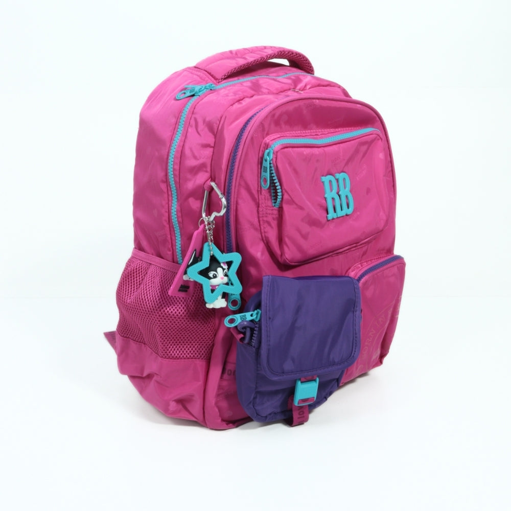 Mochila Escolar Tecido com Divisórias e Chaveiro Rosa