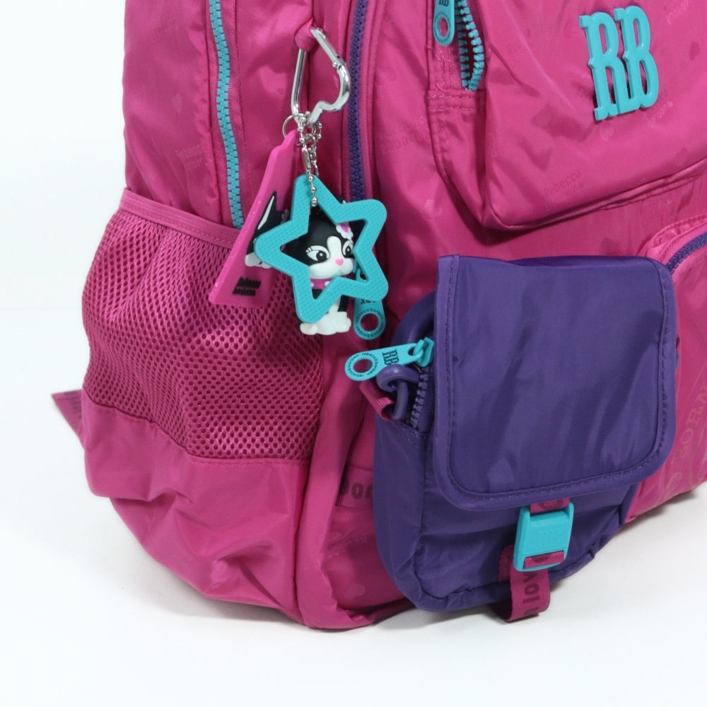 Mochila Escolar Tecido com Divisórias e Chaveiro Rosa