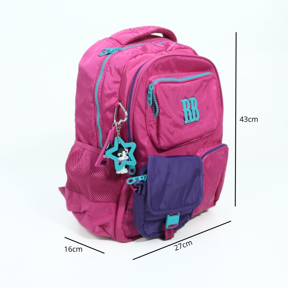 Mochila Escolar Tecido com Divisórias e Chaveiro Rosa