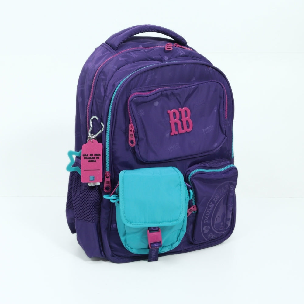 Mochila Escolar Tecido com Divisórias e Chaveiro Roxo