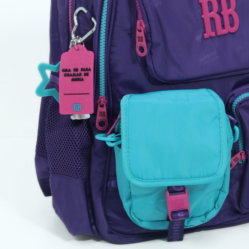 Mochila Escolar Tecido com Divisórias e Chaveiro Roxo