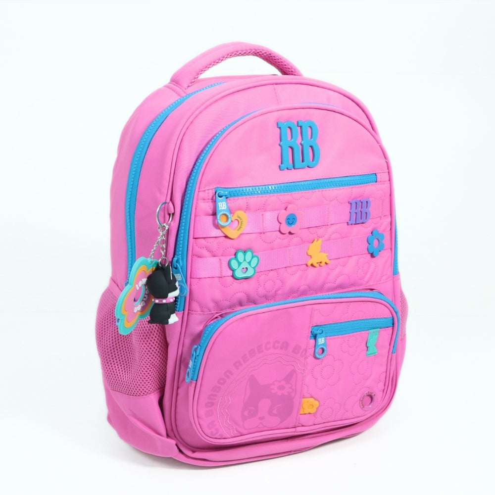 Mochila Escolar em Tecido com Divisórias e Apliques Decorativos Rosa