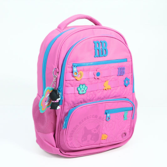 Mochila Escolar em Tecido com Divisórias e Apliques Decorativos Rosa