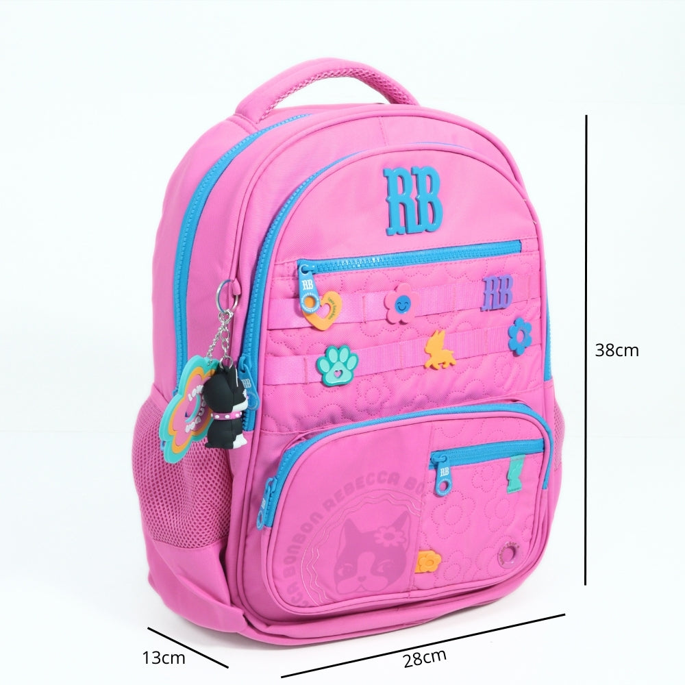 Mochila Escolar em Tecido com Divisórias e Apliques Decorativos Rosa