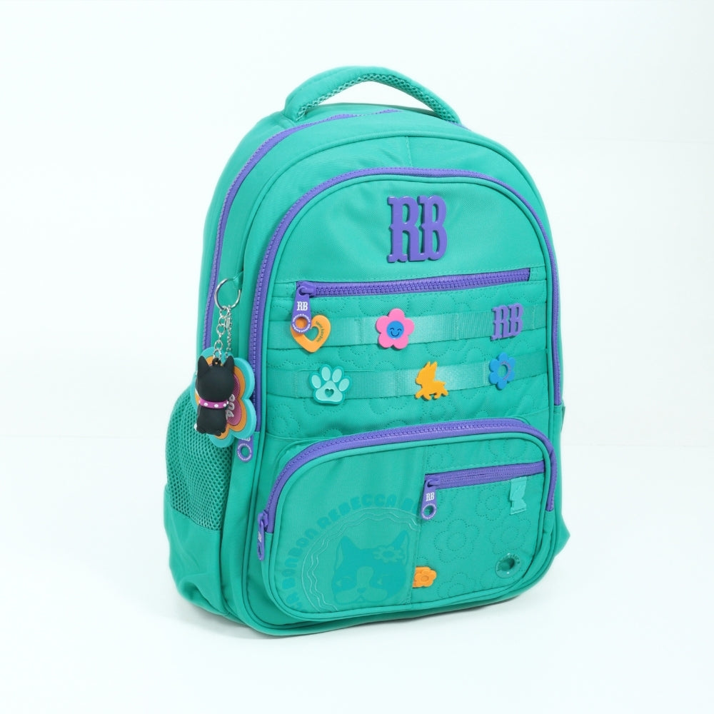 Mochila Escolar em Tecido com Divisórias e Apliques Decorativos Verde
