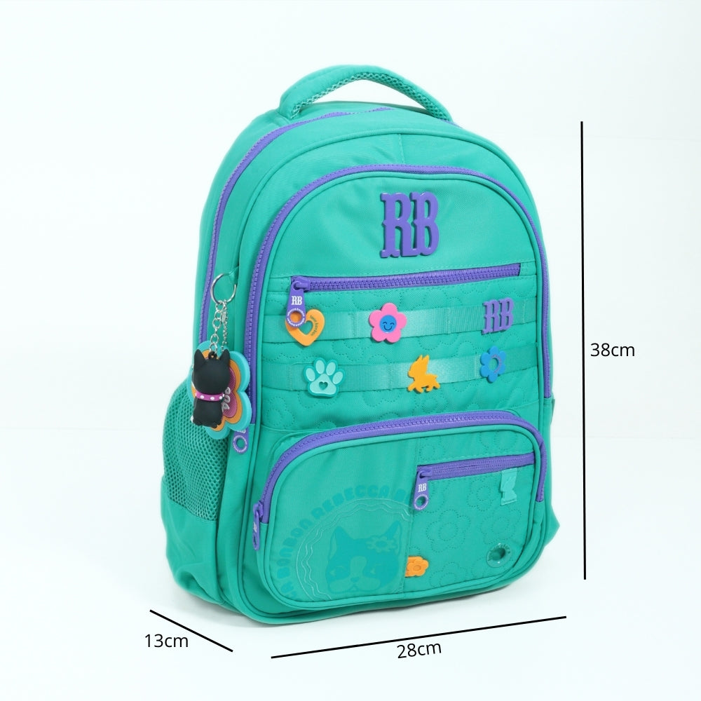 Mochila Escolar em Tecido com Divisórias e Apliques Decorativos Verde