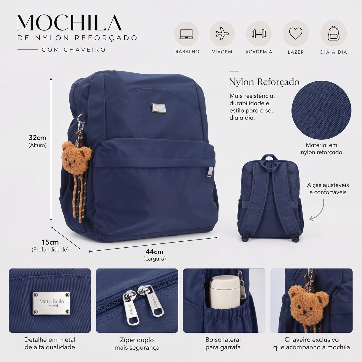 Mochila em Nylon Reforçado com Chaveiro Azul escuro