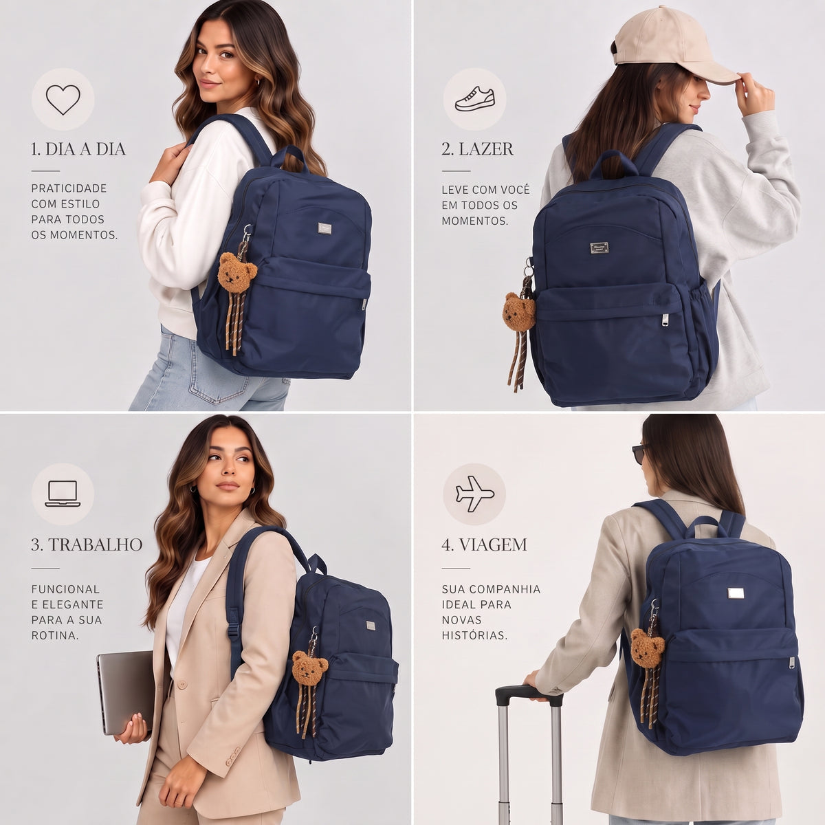 Mochila em Nylon Reforçado com Chaveiro Azul escuro