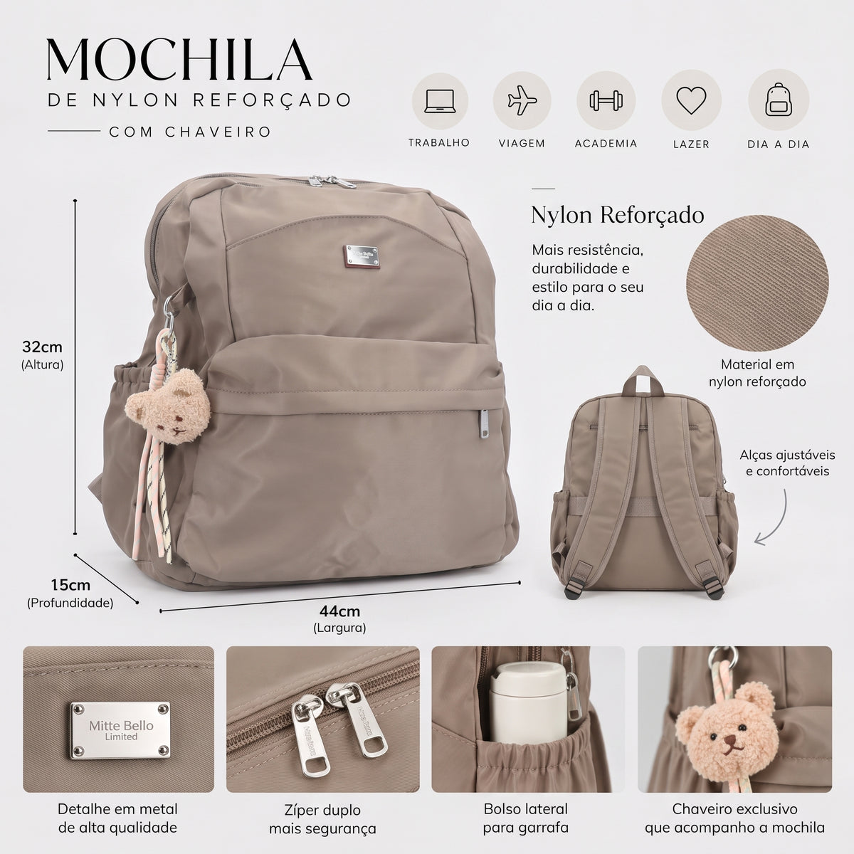 Mochila em Nylon Reforçado com Chaveiro Caqui
