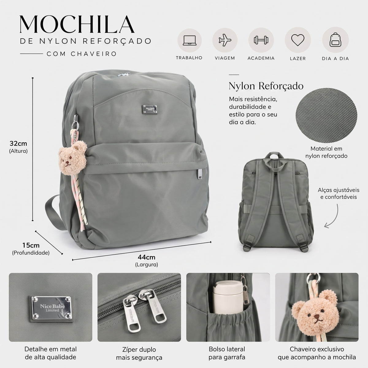 Mochila em Nylon Reforçado com Chaveiro Cinza