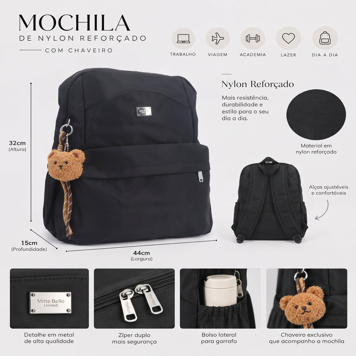 Mochila em Nylon Reforçado com Chaveiro Preto