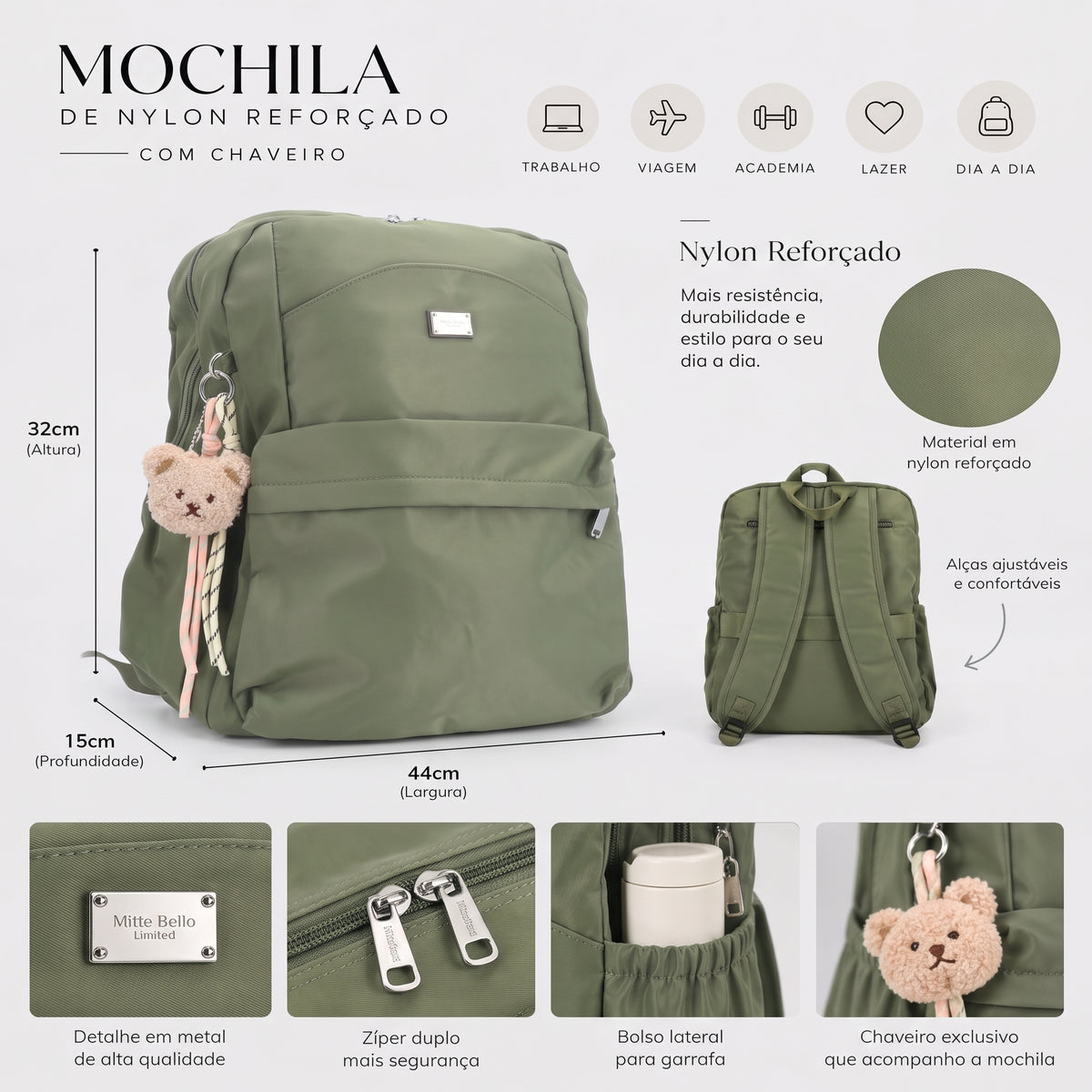 Mochila em Nylon Reforçado com Chaveiro Verde