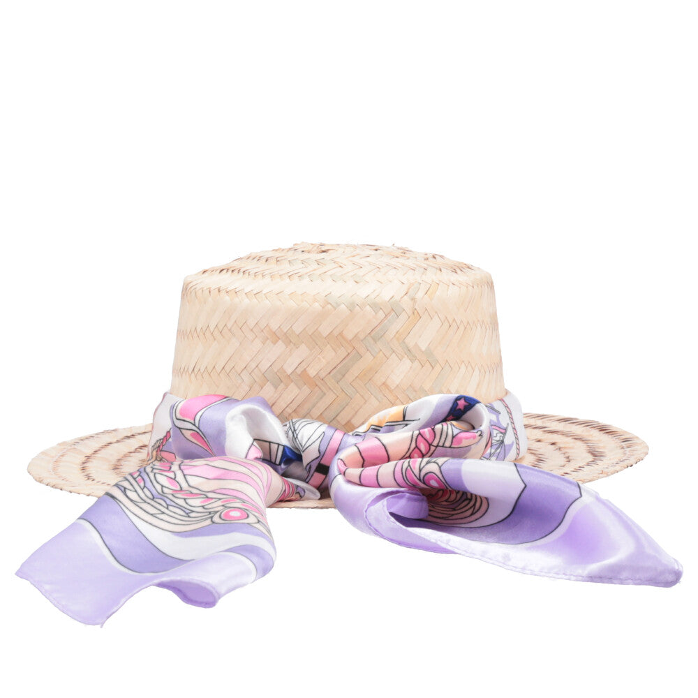 Chapéu de Palha com Lenço Removível para Amarração Lilas