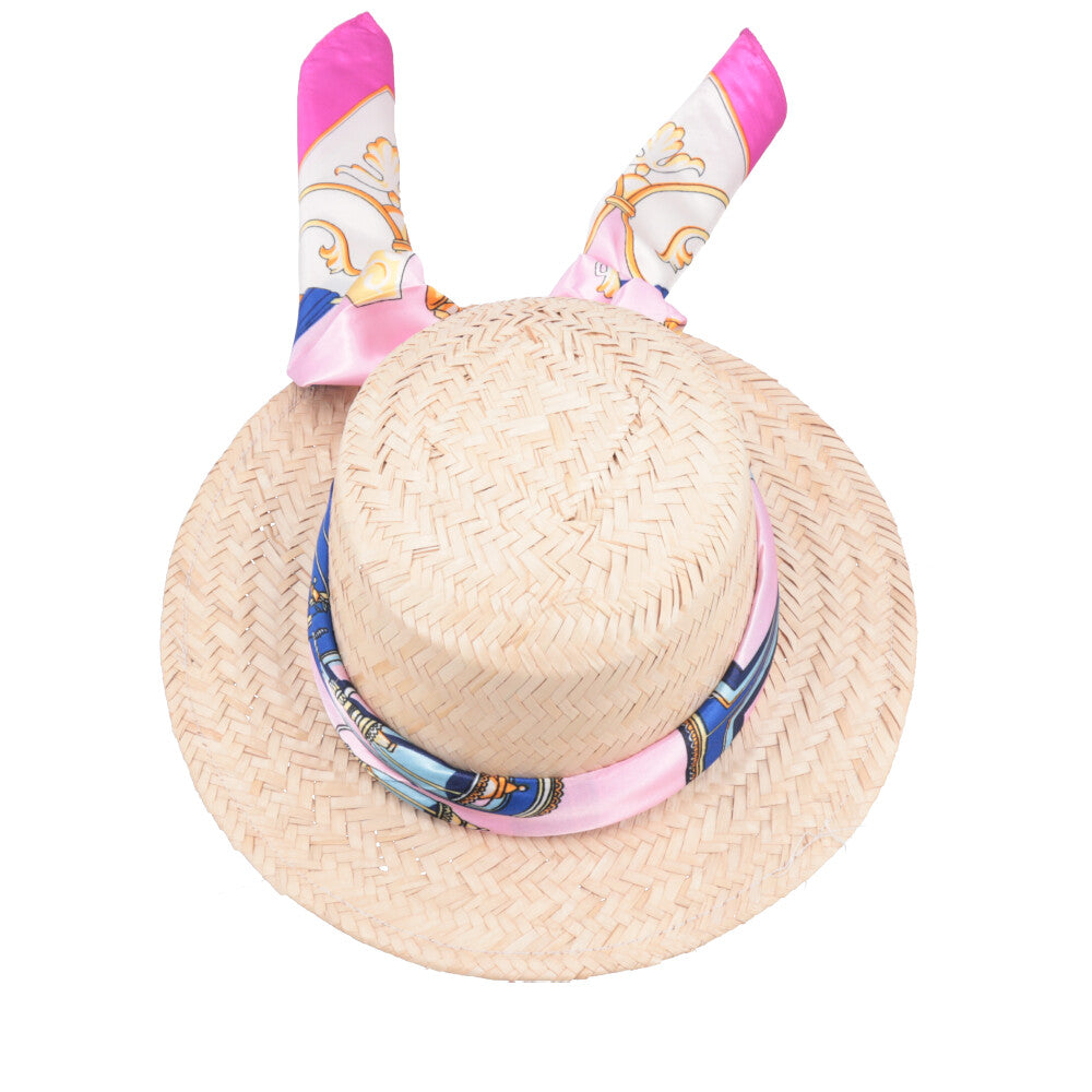 Chapéu de Palha com Lenço Removível para Amarração Pink