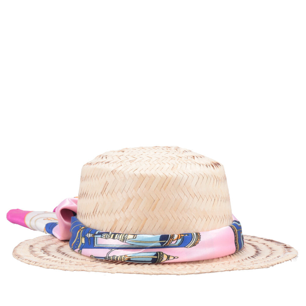 Chapéu de Palha com Lenço Removível para Amarração Pink