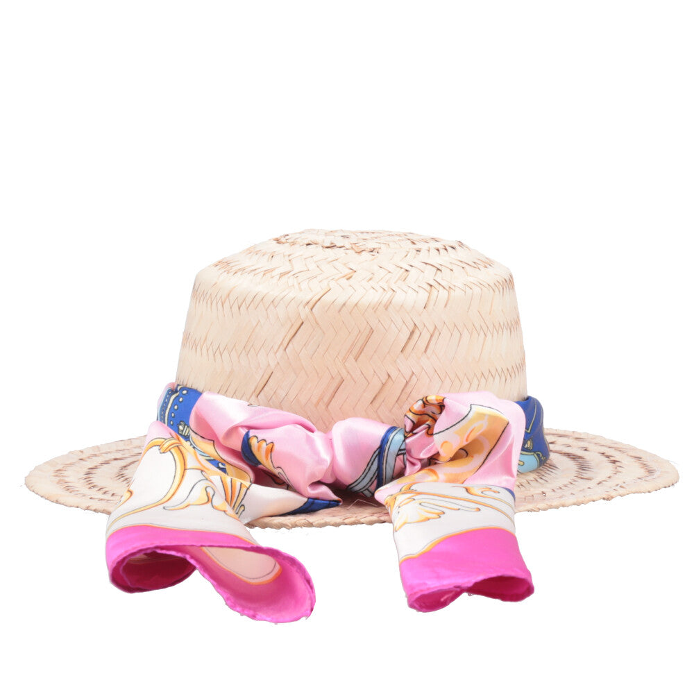 Chapéu de Palha com Lenço Removível para Amarração Pink