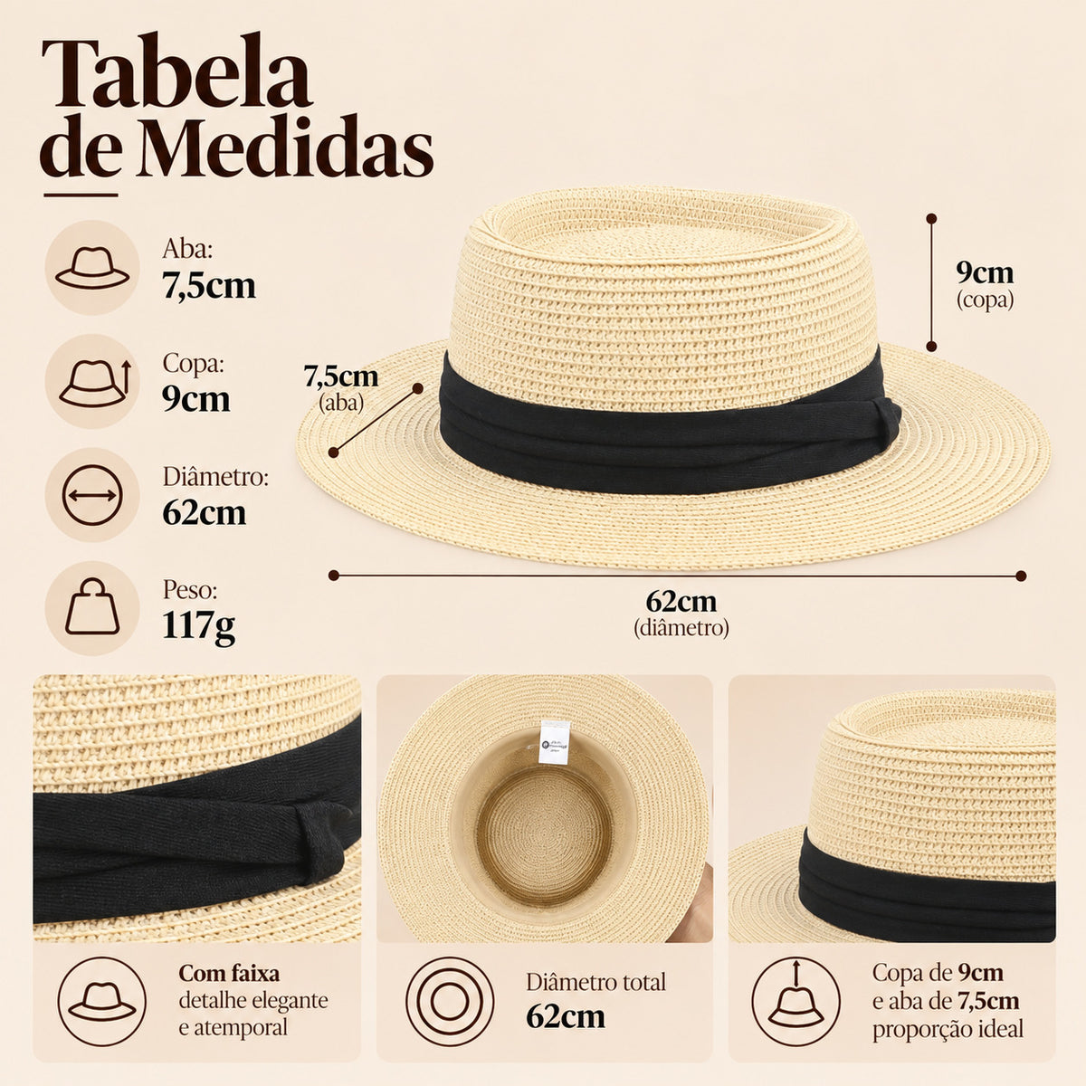 Chapéu de Praia em Ráfia com Faixa Marfim
