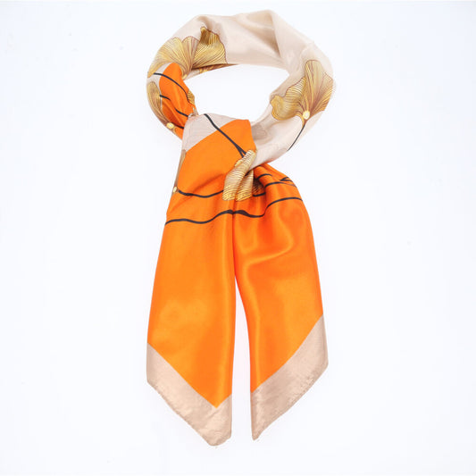 Lenço de Cetim Feminino Estampado Flores Bege