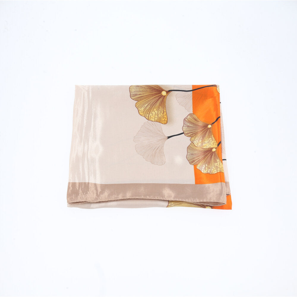 Lenço de Cetim Feminino Estampado Flores Bege