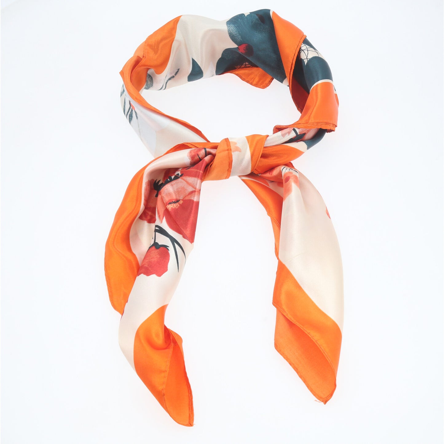 Lenço de Cetim com Estampa Floral Laranja