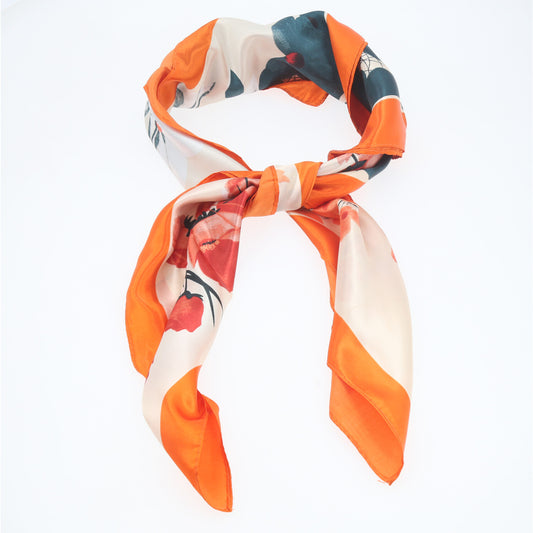 Lenço de Cetim com Estampa Floral Laranja