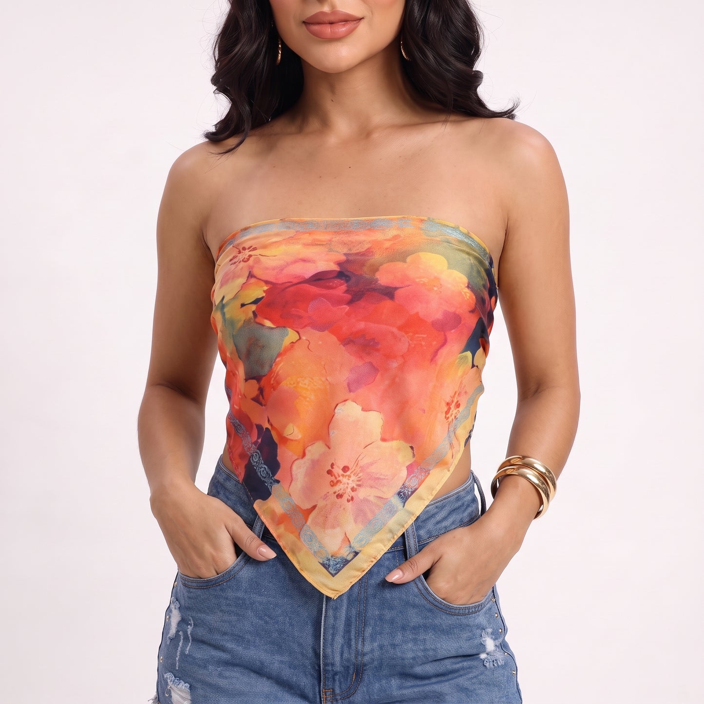 Lenço de Cetim com Estampa de Flores Hibiscos Azul escuro