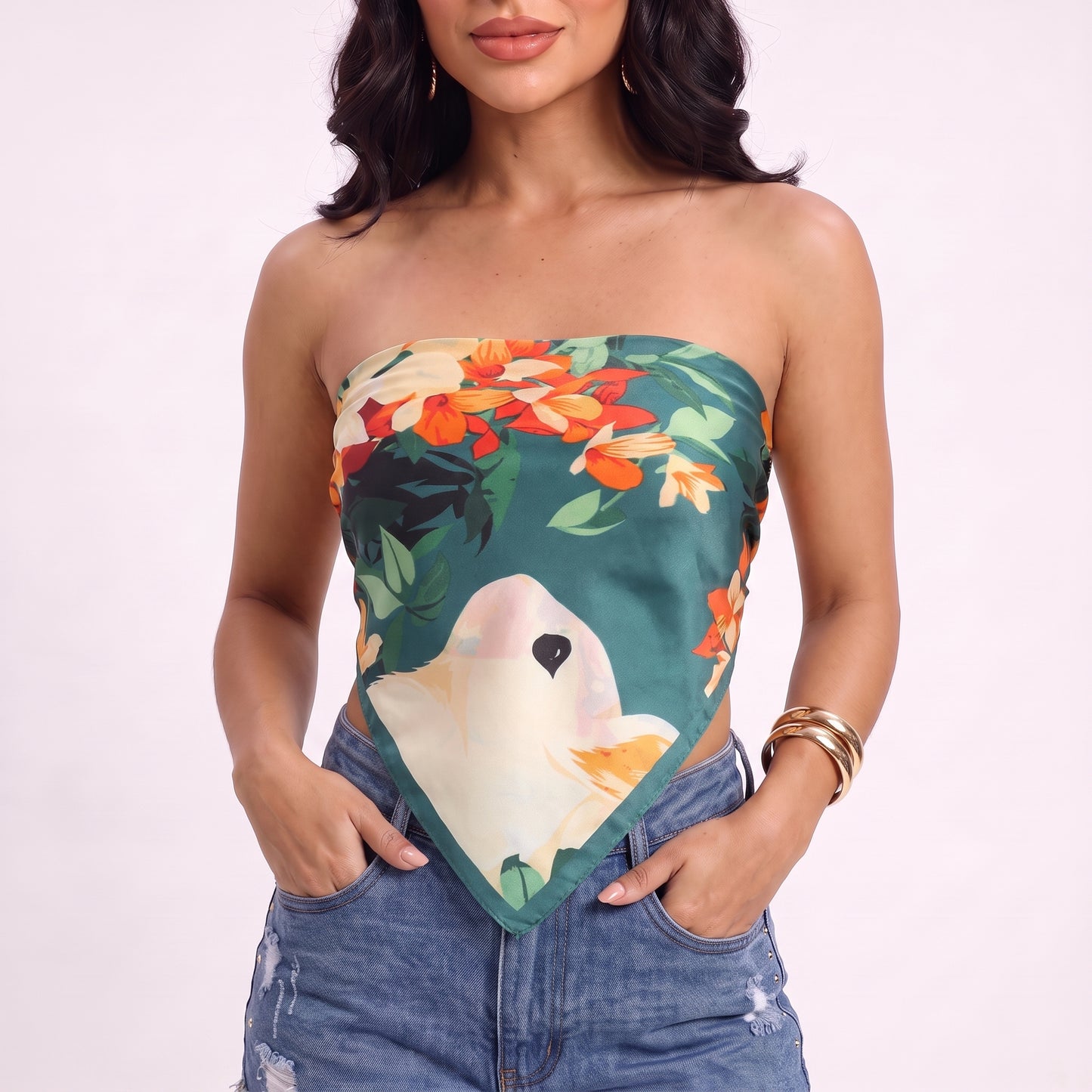 Lenço de Cetim com Estampa de Flores Hibiscos Verde escuro