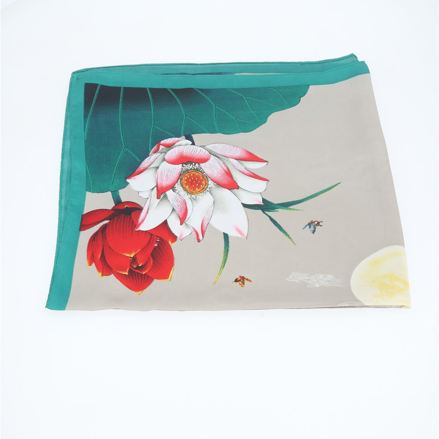 Lenço de Cetim com Estampa de Flores Lótus Verde